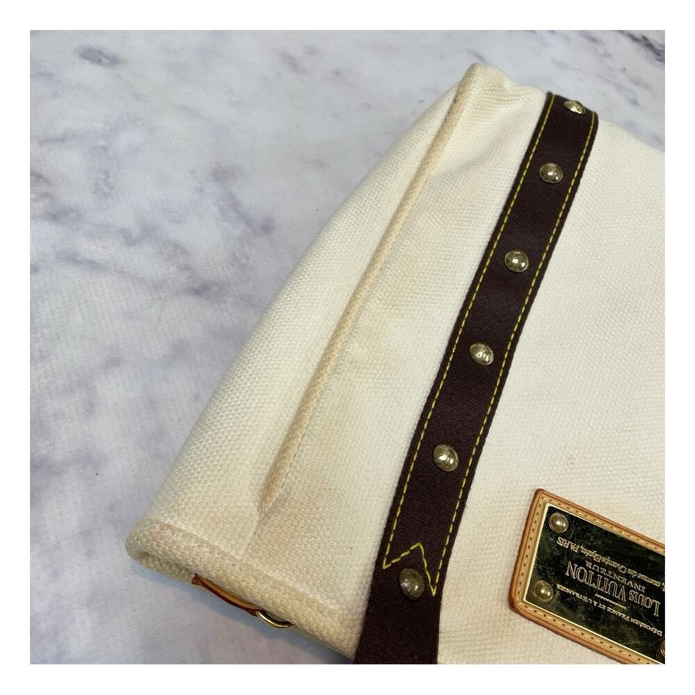 Louis Vuitton Antigua Cabás MM Canvas Tote Bag Cream Brown Trim Brass Rivets - Picture 10 of 12